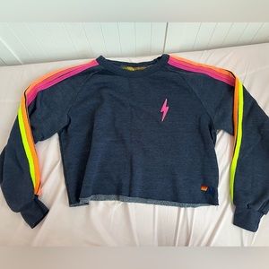 Aviator NaTIOn! BOLT EMBROIDERY CROPPED SWEATSHIRT-HEATHER NAVY/NEON STRIPES